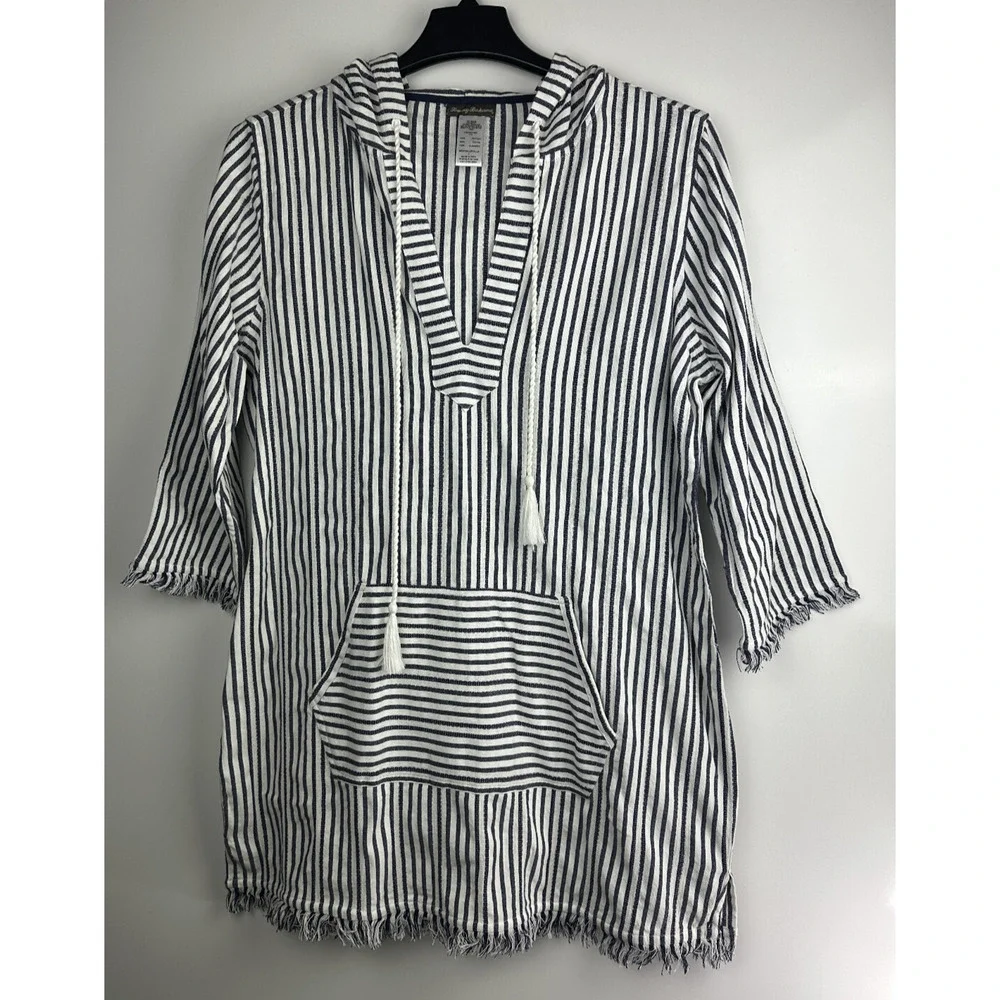 Tommy Bahama Yarn Dyed Striped Cotton Hoodie Pullover Swim Cover Beach Top Large - Picture 2 of 9